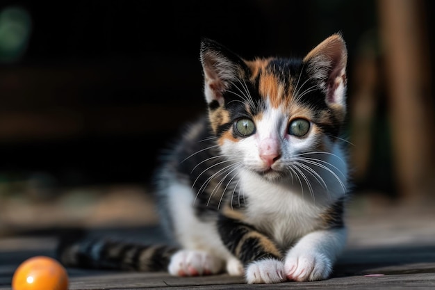 Little tricolored kitten plays with a ball