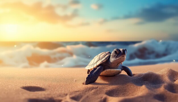 Photo little turtle on clean beach at sunset environmental eco safe conservation