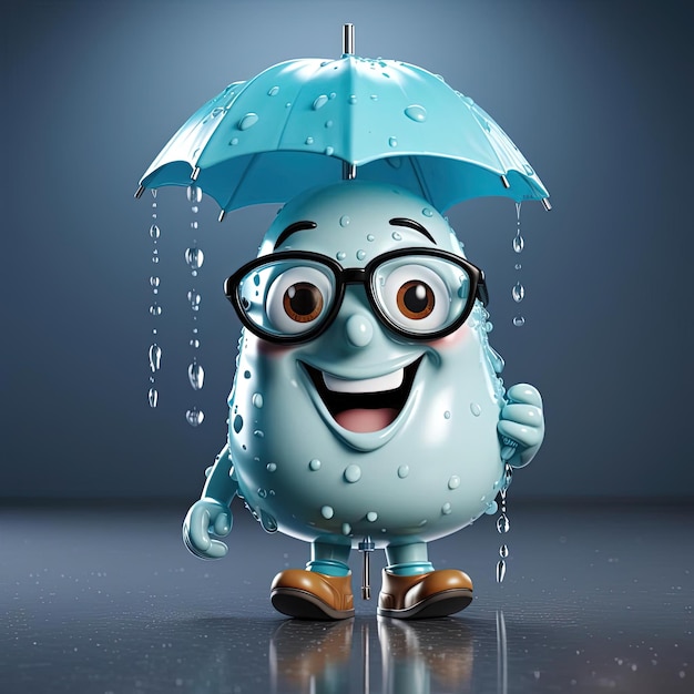 灰色の背景のメガネに目を向けて立っている雨のブーツの小さな傘の漫画のキャラクター