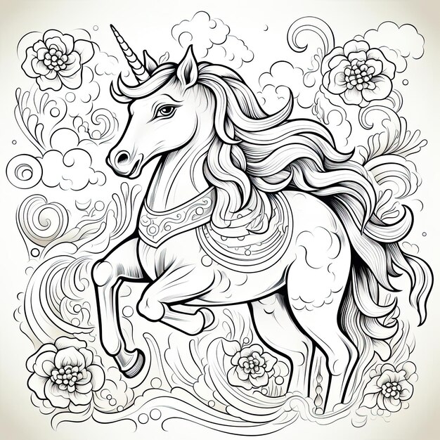 a little unicorn coloring page in the style of playful character design