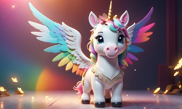 Foto little unicorn wings rainbow cute 3d art animated banner digitale kids achtergrond gegenereerd door ai