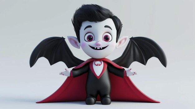 Little vampire boy with black hair red eyes and black wings He is wearing a black cape with a red collar