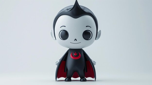 Little vampire boy with black hair and red eyes He is wearing a black cape with a red crescent moon on the chest