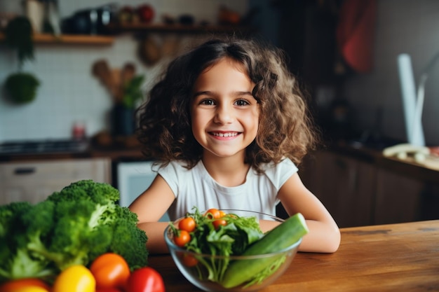 Фото Маленькая веганская девочка со свежими овощами
