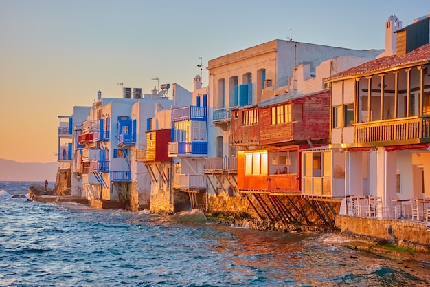 Little Venice in Mykonos Island at sundown, Greece