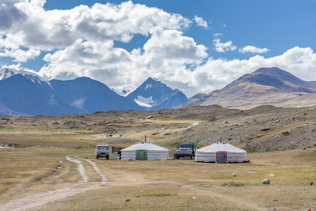 Little village of nomadic Yurt camp in the Mongolian steppe.