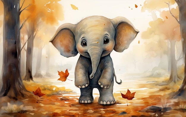Little Watercolor Elephant with Autumn Leaf Generative Ai
