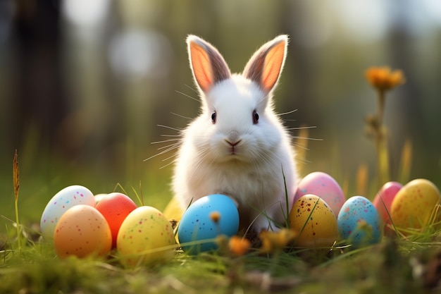 Foto piccolo coniglietto bianco sull'erba con un uovo di pasqua decorato