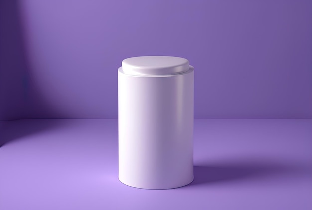 Foto un piccolo display del prodotto cilindrico bianco su uno sfondo viola utilizzando un piedistallo del podio