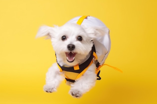 a little white dog smiling with a yellow parachute backpack