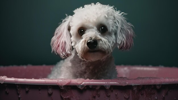 a little white dog that is seen sitting in the middle of a bathtub