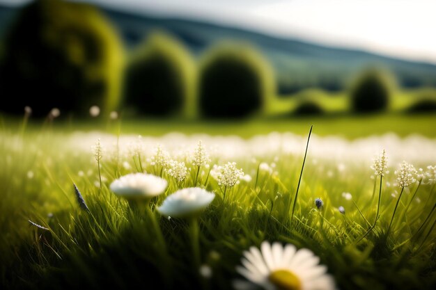 緑の夏の草原に小さな白い花が咲く