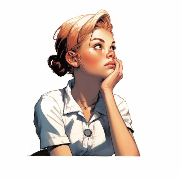 Little white girl in thinking and doubts vintage illustration