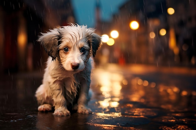 Little white puppy got lost lonely puppy sits on the street of a big city Night rain