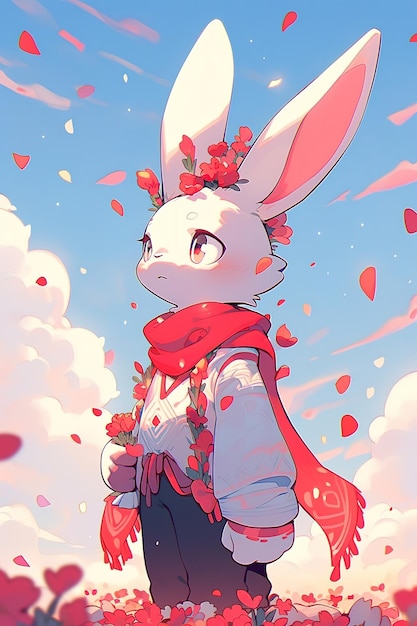 Little white rabbit wanderer to roses and flying rose petals in anime style