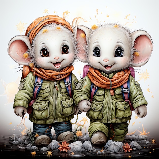 A little white rat with a backpack in the style of dreamlike illustration highly detailed environments joyful and optimistic AI illustration digital virtual generative