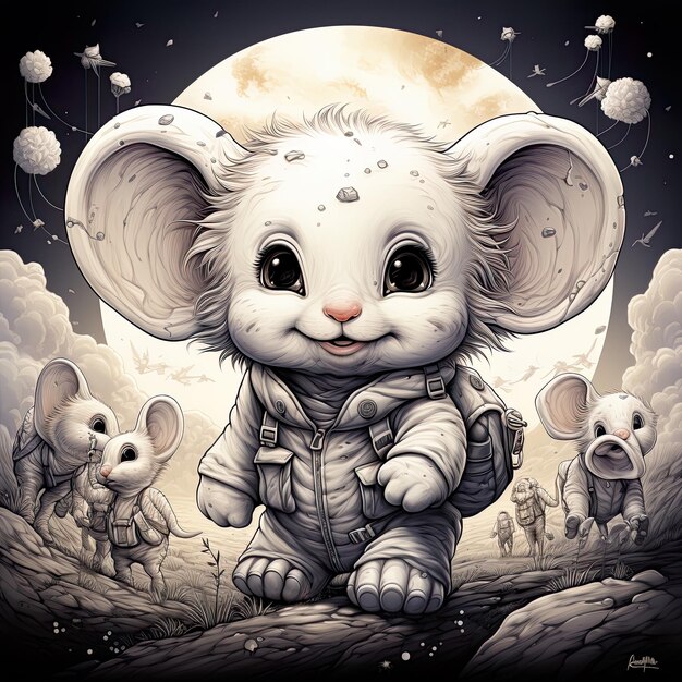 A little white rat with a backpack in the style of dreamlike illustration highly detailed environments joyful and optimistic AI illustration digital virtual generative