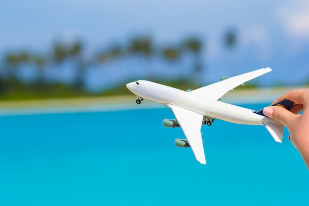 ターコイズブルーの海の小さな白いおもちゃの飛行機