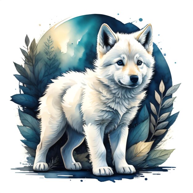 Photo little white wolf watercolor