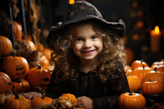 Маленькая ведьма Ликующая девочка в хэллоуинском наряде позирует в студии Generative AI