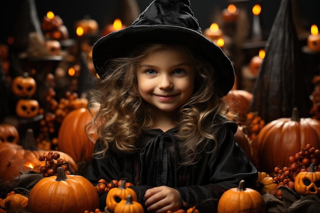Маленькая ведьма Радостная девочка в хэллоуинском наряде позирует в студии Generative AI