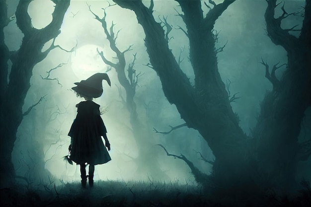 A little witch wanders through a scary misty forest