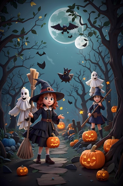 A little witch with a broom and pumpkins