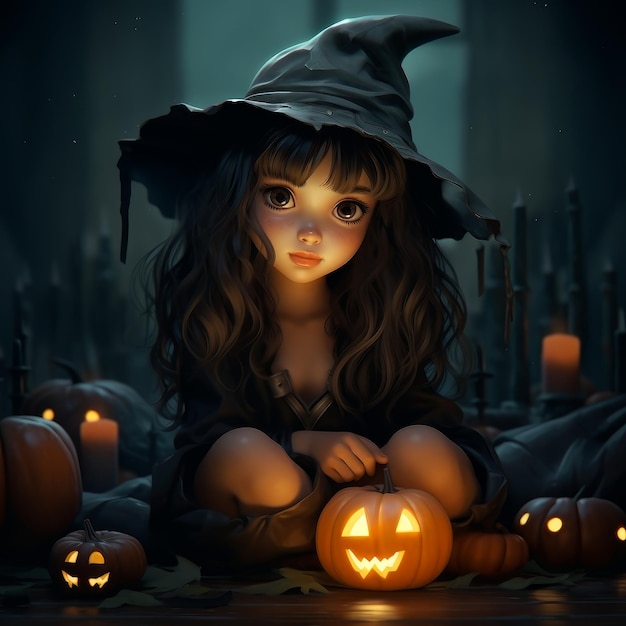 A little witch with a pumpkin