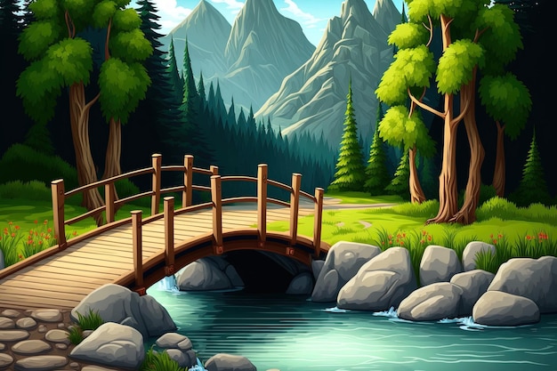 森の中の川を渡る小さな木の橋