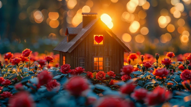 Little wooden house with red heart in the garden on bokeh background