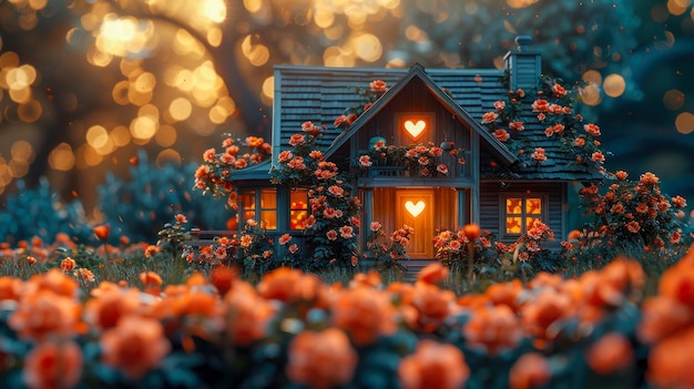 ボケの背景の庭に赤い心を持つ小さな木製の家