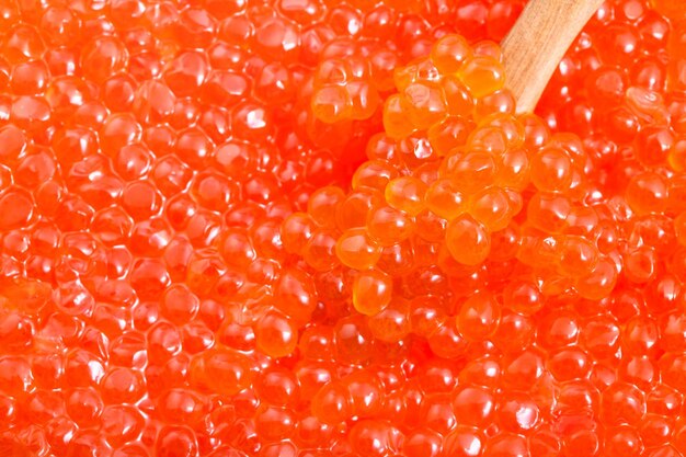 Little wooden spoon in salted russian red caviar