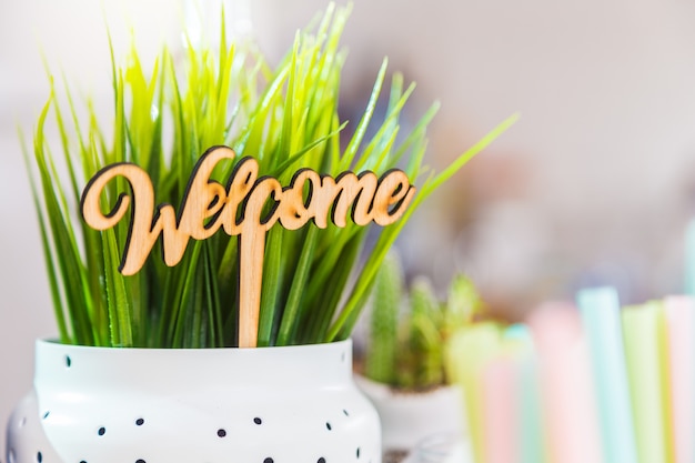 little wooden welcome sign in a white plant pot