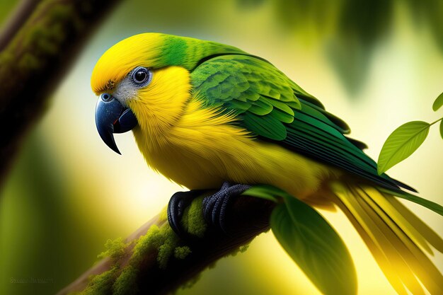 Little yellow parrot on a branch in the forest Digital art