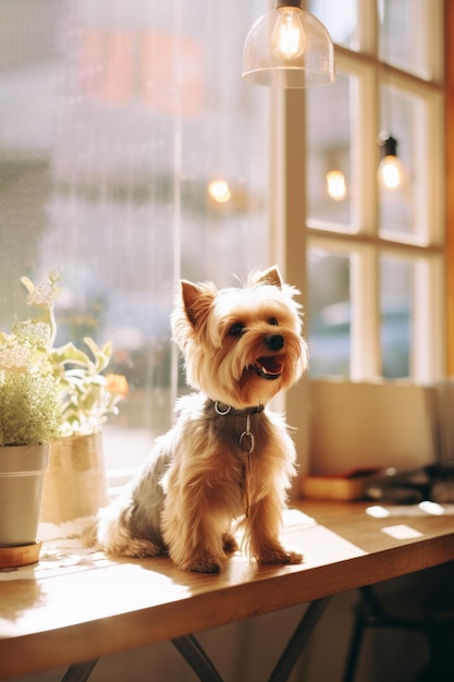 Little Yorkshire terrier sitting in sunny cafe Pets friendly concept