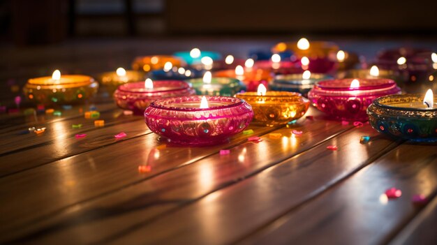 Foto divas di diwali illuminate su un pavimento di legno