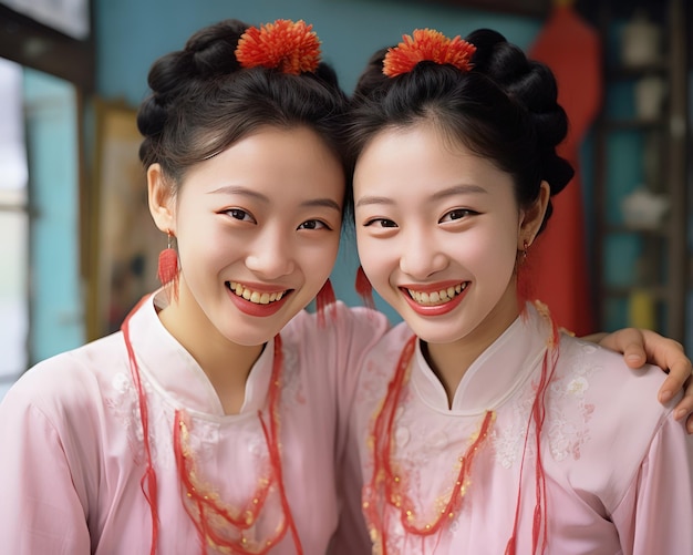 Live Action Shot of Smiling Chinese Twin Women