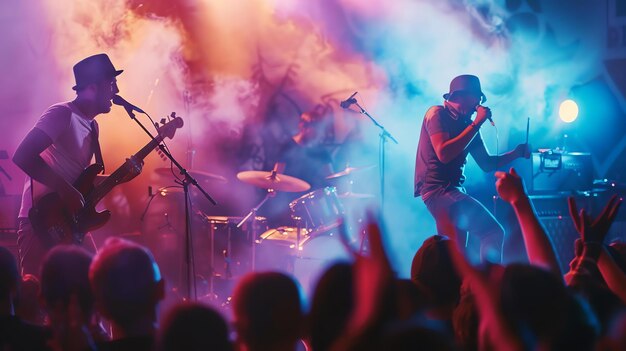 Photo a live band is performing on stage in front of a large crowd