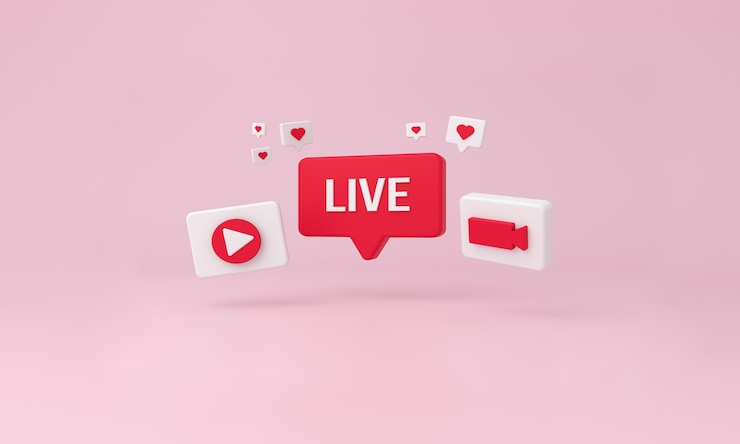 Photo live bubble, like heart, play and video minimal icons on pink background. 3d rendering.
