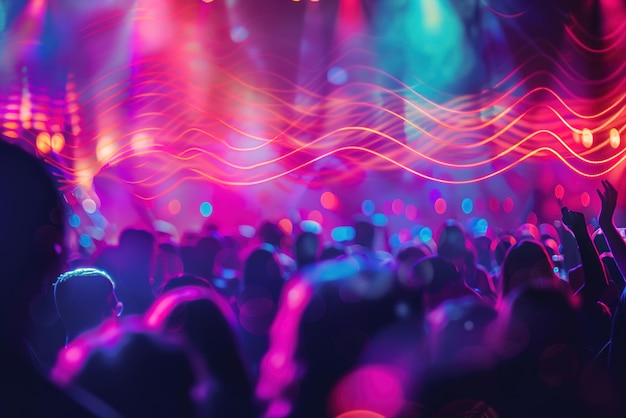 라이브 콘서트 에너지 무대 에 있는 음악가 들 은 활기찬 빛 을 통해 군중 을 가로질러 파동 하는 소리 파동 을 보여 준다
