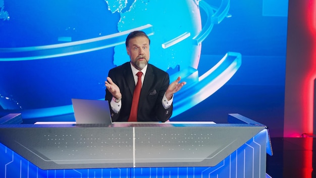 live news studio with handsome male newscaster reporting on the events of the day tv broadcasting channel with charismatic presenter anchor talking mockup television channel newsroom set