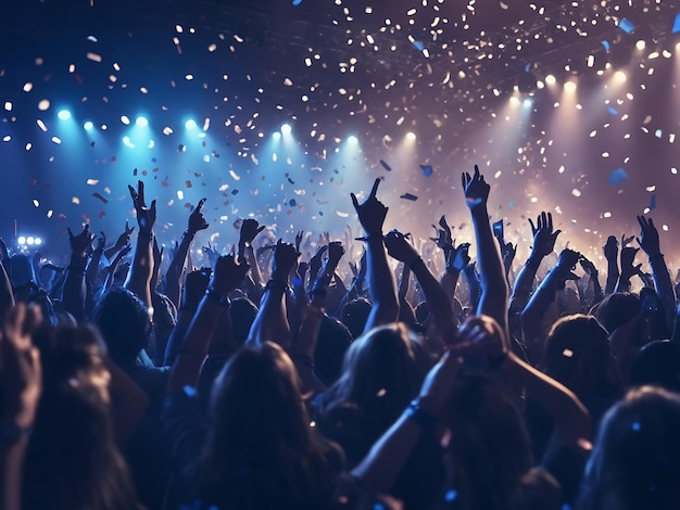ライブロックコンサートパーティーフェスティバルナイトクラブの群衆がステージライトを応援し、紙吹雪が落ちるCh
