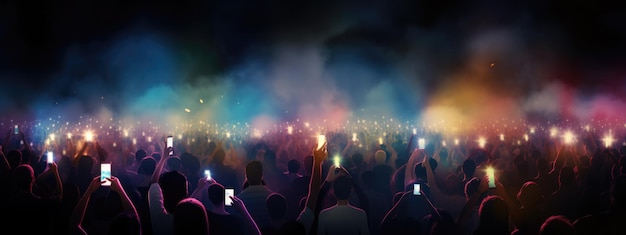 ライブ・ロック・コンサート・パーティー・フェスティバル・ナイト・クラブの観客が ⁇ 声を上げ ⁇ ステージのライトとコンフェッティが落ちる