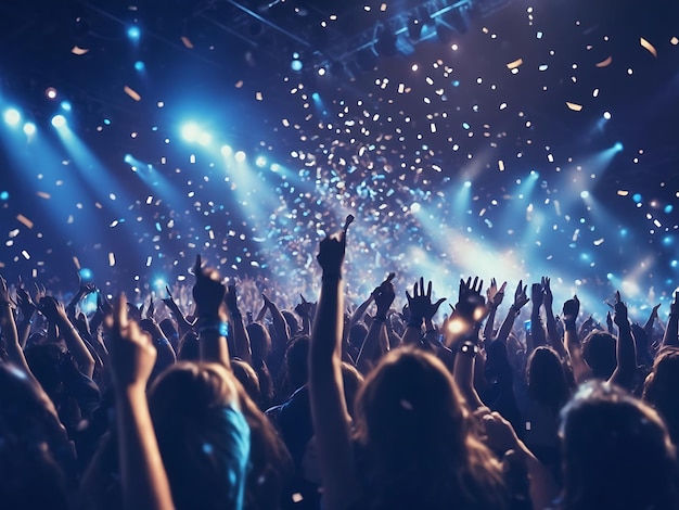 live rockconcert feestfestival nachtclub menigte juichen podiumlichten en vallende confetti Ch