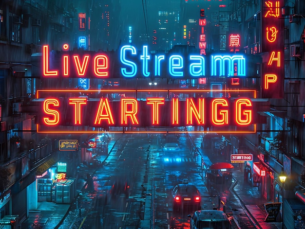 Photo live stream starting text with a neon flickering effect and creative decor live stream background