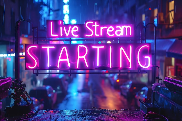 Photo live stream starting text with a neon flickering effect and creative decor live stream background