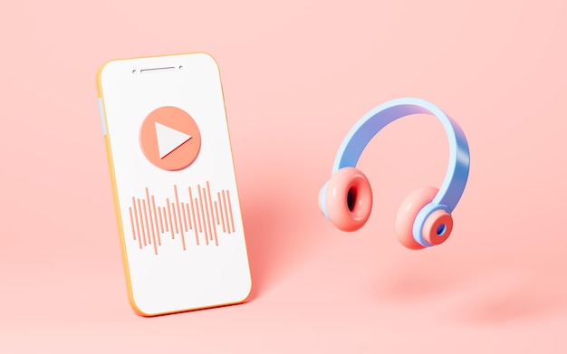 ピンクの背景の3Dレンダリングに携帯電話とワイヤレスヘッドセットを使用したライブストリーミング
