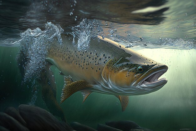 Photo live trout in the natural environment in the sea background of waves and stones ai generated