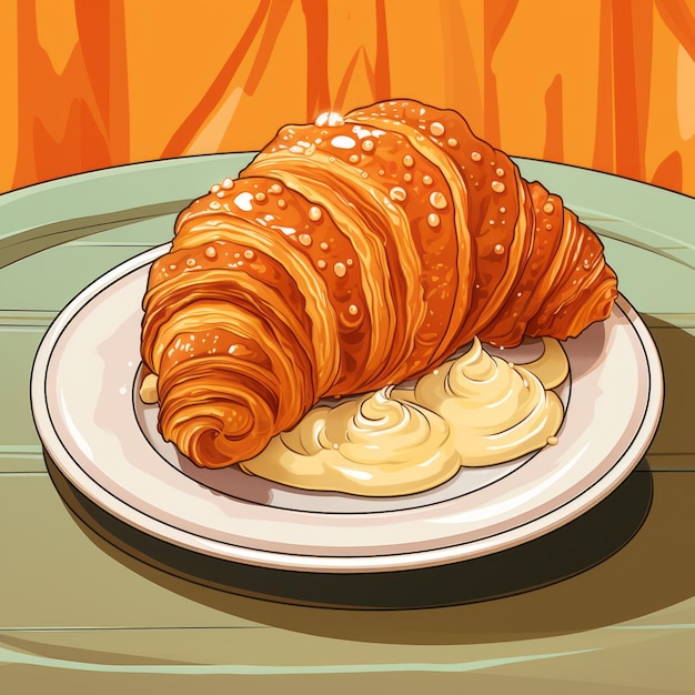 Photo lively 2d illustration of croissant with orange sauce in art nouveau style