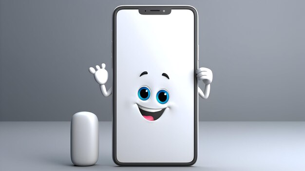 A lively 3D illustration featuring a character standing proudly beside a 3D model of a cell phone